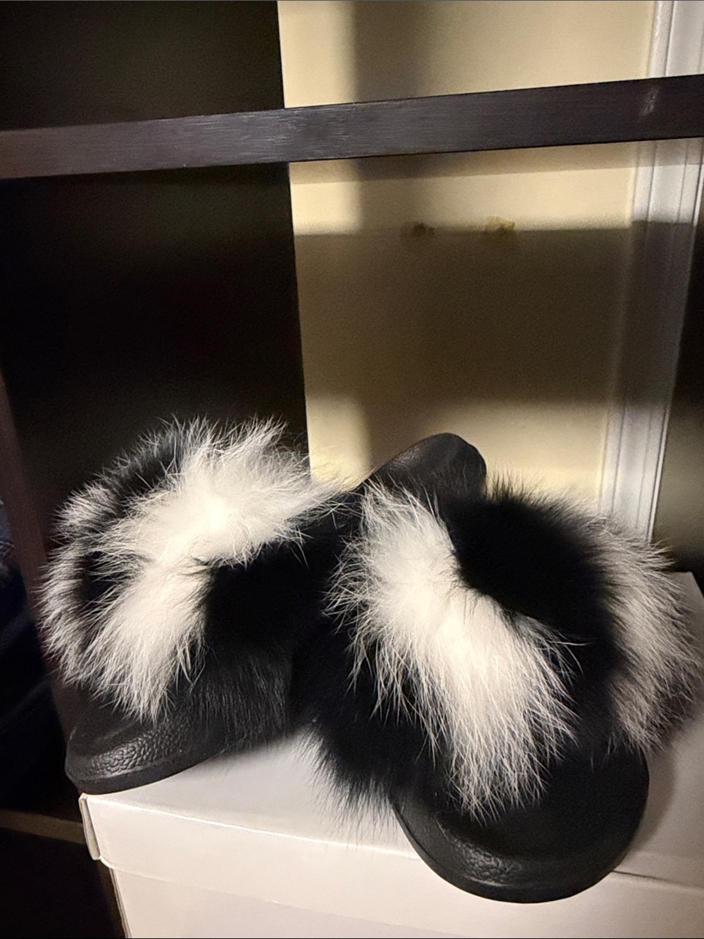 Black Slides with Black & White Faux Fur